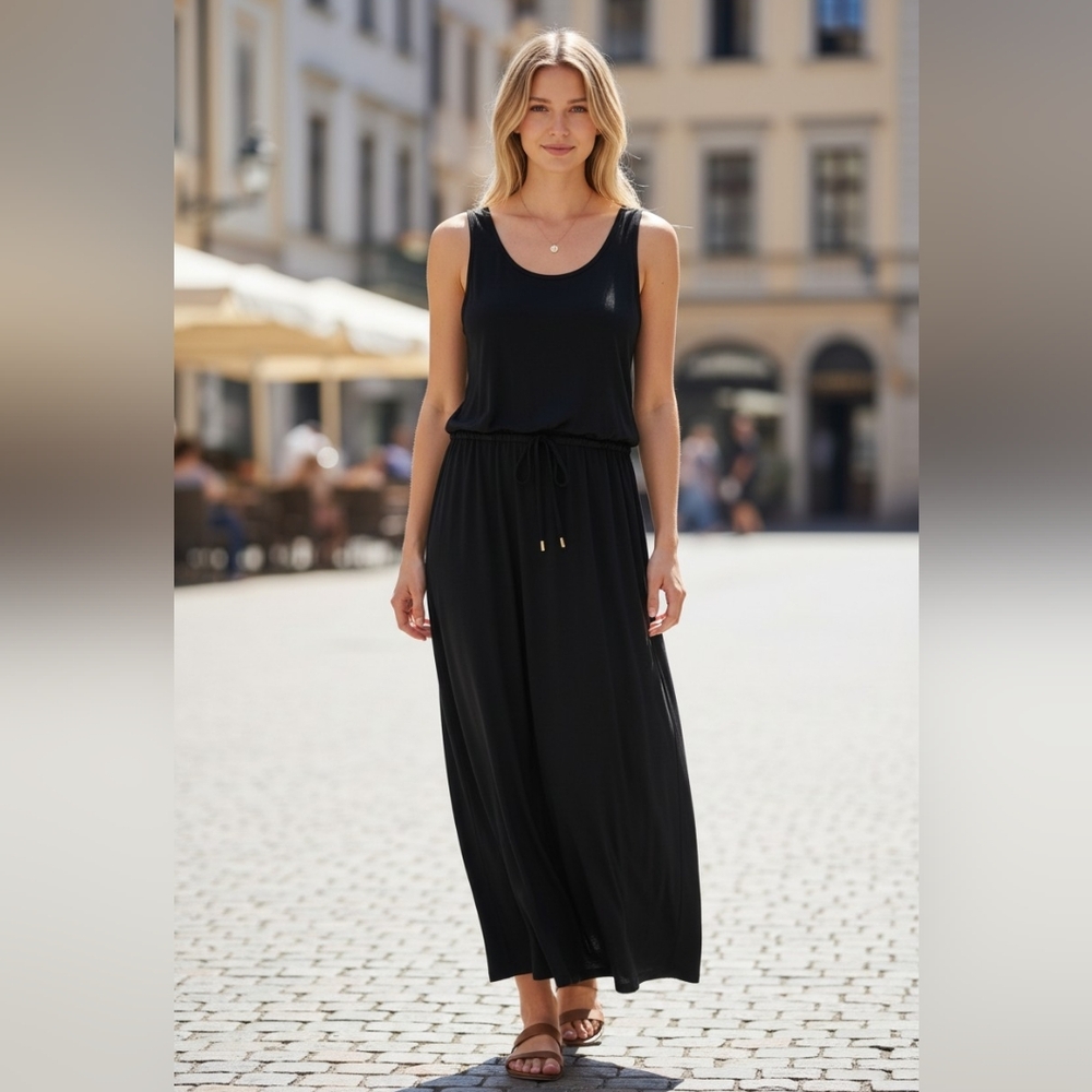 NWT Lauren Ralph Lauren Waist Tie Jersey Black Maxi Dress Size Small
